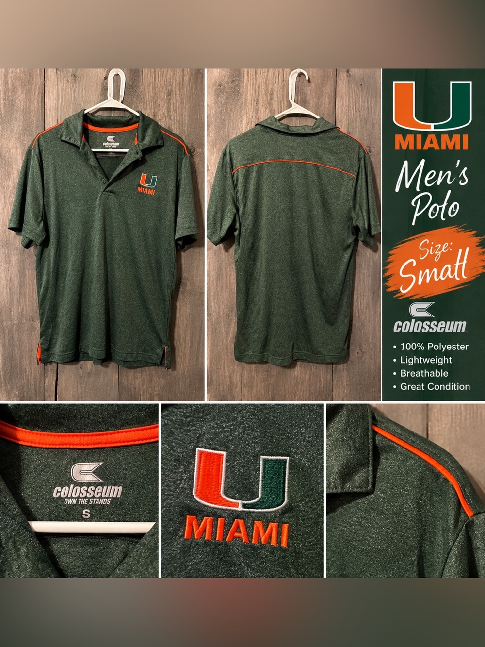 Colosseum Miami Hurricanes Dark Green Polo with Orange Trim Size Men’s Small